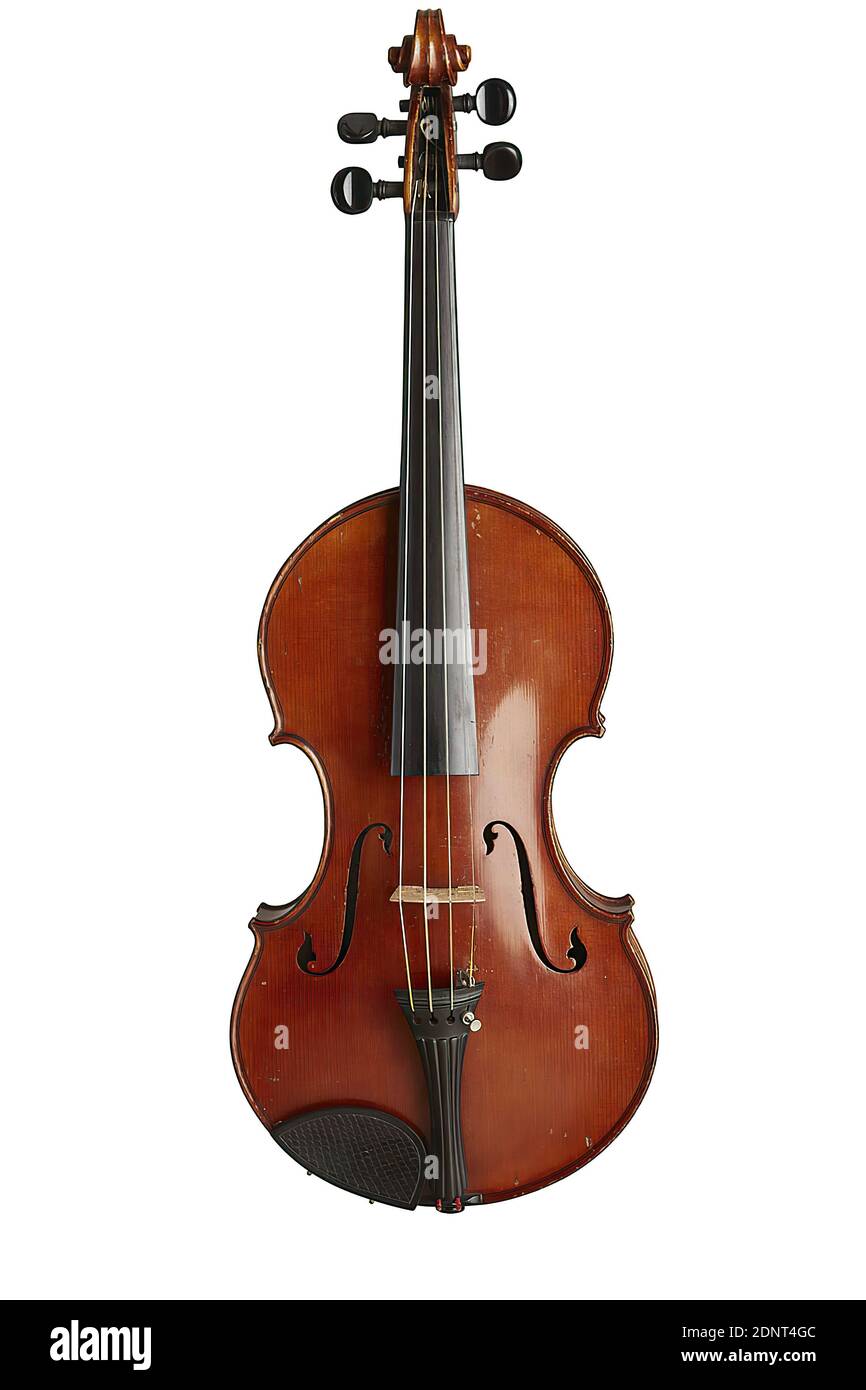 Alfred Stelzner, Violine, Fichte, gesamt: Länge: 586 mm (Gesamtlänge); klingende Saitenlänge: 331 mm; Breite: 208 mm (max. Körperbreite); Höhe: 39 mm (max. Rippenhöhe), Etikett (Instrumentenbau): Im Instrument und Marke auf dem Boden: Etikett: Nr. 180, Dresden, August '93, Dr. Alfred Stelzner; Auf der unteren Marke: Nach Dr. Alfred Stelzner`s System und patentiert; neben dem Tailpiece Button: Nr. 180, Saiteninstrumente Stockfoto